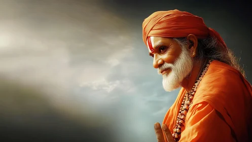 Elderly spiritual guru smiles softly in radiant orange robes.