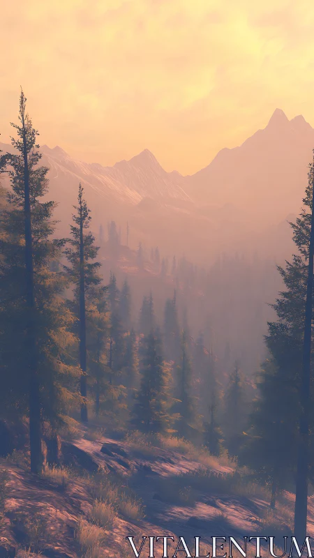 Sunlit conifer forest descending toward hazy mountain ridges.