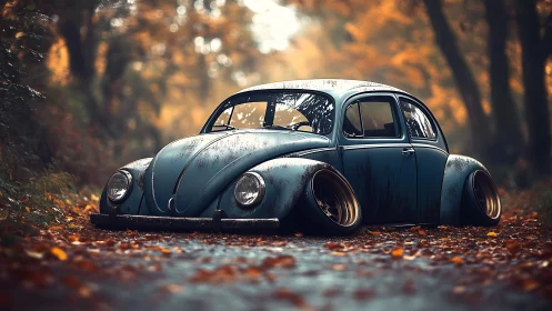 Lowered vintage blue Beetle on wet autumn forest road.