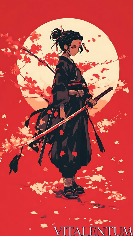 Young samurai stands calm beneath a glowing autumn moon.
