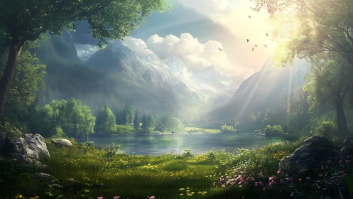 Sunlit mountain lake wrapped in peaceful wildflower meadow.