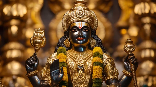 Radiant Hindu deity statue glows with golden sacred detail
