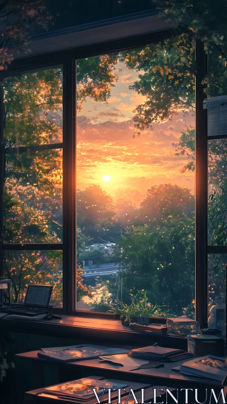 Sunset city view from quiet studio workspace window.