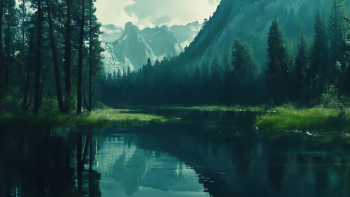 Mountain Valley Wilderness Reflected in Pristine Alpine Waters.