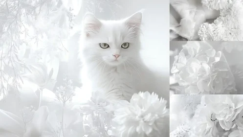 Ethereal White Cat with Floral Montage Collage.