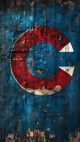 Weathered red C emblem on distressed blue timber wall