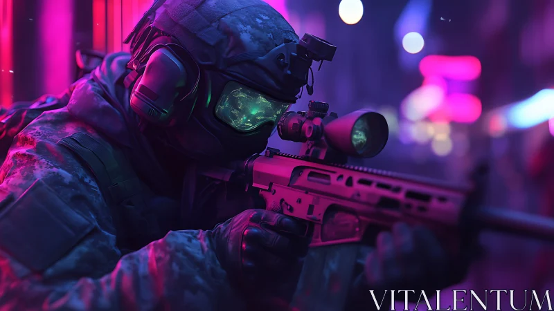 Soldier aims scoped rifle in neon lit urban environment