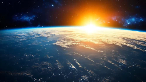 Low-orbit sunrise over Earth with detailed cloud cover and lens flare