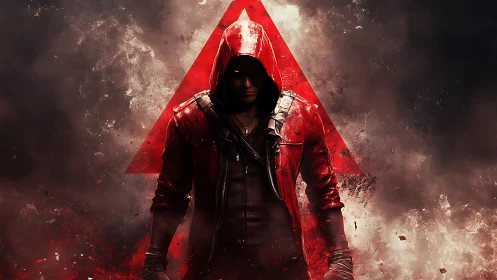Hooded antihero in red jacket within triangular combat haze.