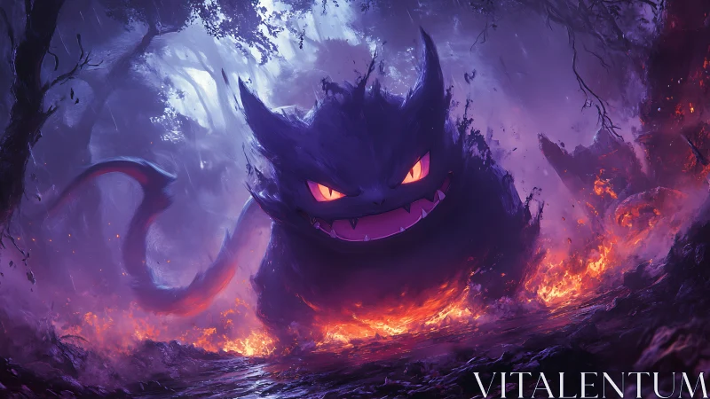 Spectral monster emerges through infernal violet forest blaze.