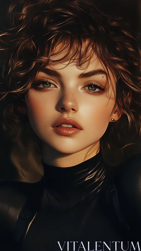 Copper curls frame a cyber-sleek gaze in molten light