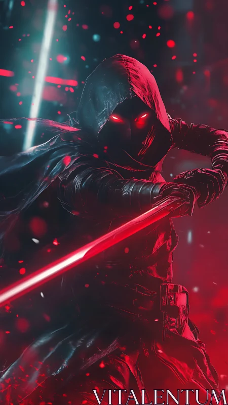Hooded figure holds red energy blade in high contrast lighting
