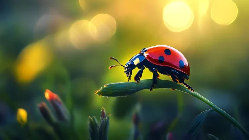 Macro study captures ladybird on blade of grass at sunrise