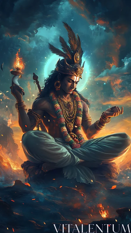 Mythic yogic deity in incandescent atmospheric equilibrium.