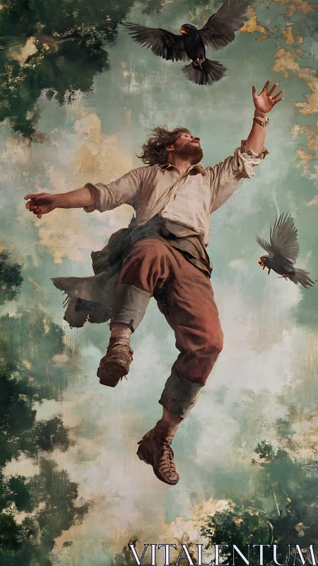 Man suspended midair among birds in cloudy sky scene.