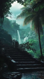 Stone stairway in dense rainforest leading toward waterfall.