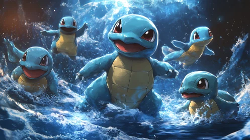 Multiple Squirtle characters charge forward through water.