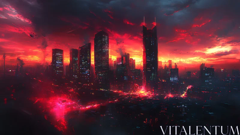 Cybernetic megacity under incendiary red stormfront sky.