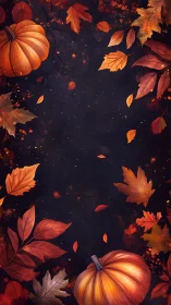 Autumn pumpkins and foliage framing dark textured background.