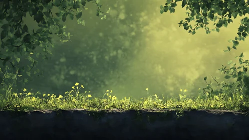 Sunlit forest clearing with lush grass in digital painting style.