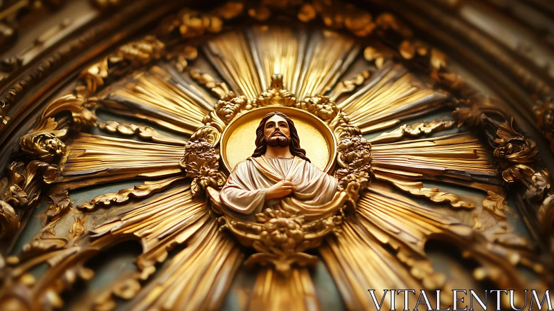 Golden religious relief glows with radiant sacred light