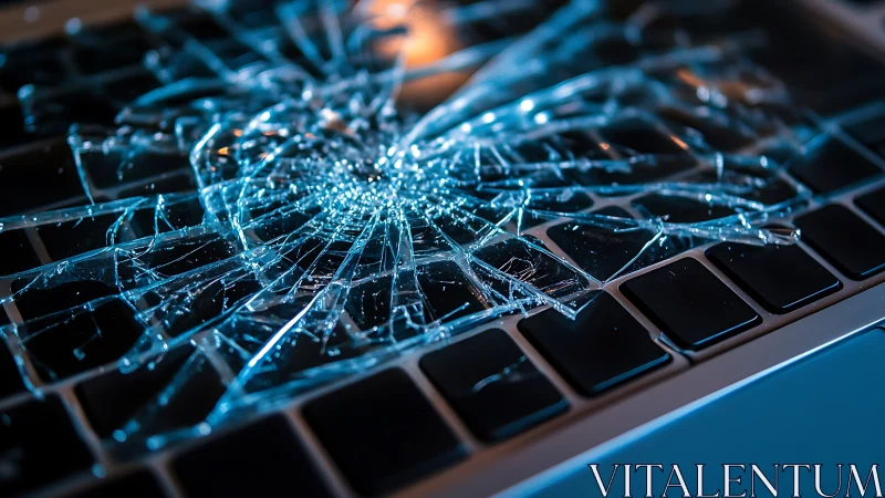 Shattered glass fragments scattered across laptop keyboard.