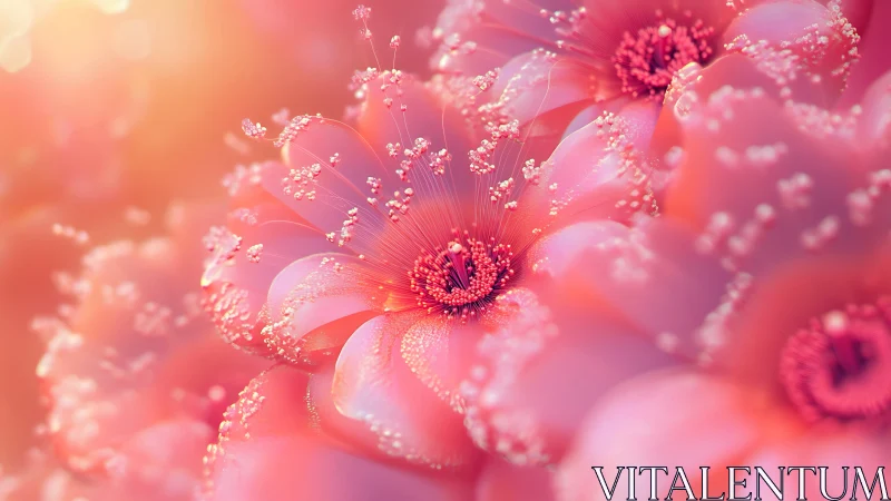 Macro view shows stylized pink blossoms with glowing centers
