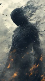 Dark humanoid silhouette dissolves into smoke and embers
