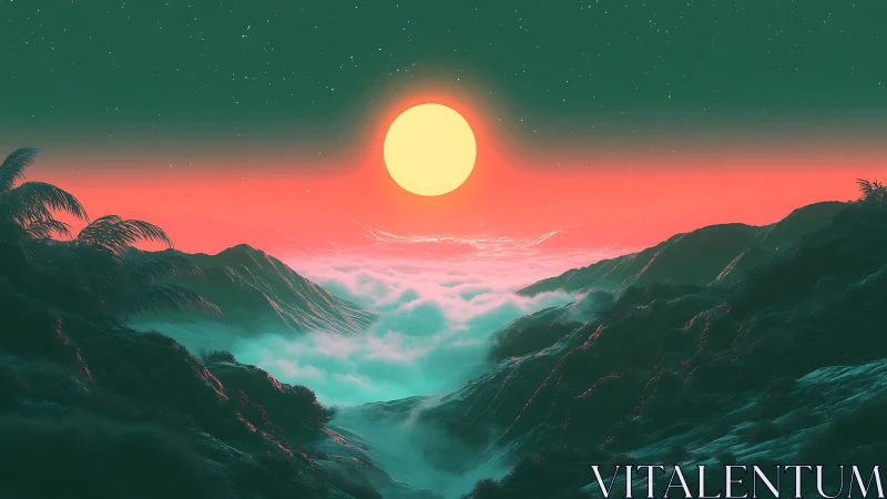 Dreamy neon sunrise floating above misty valley cliffs.