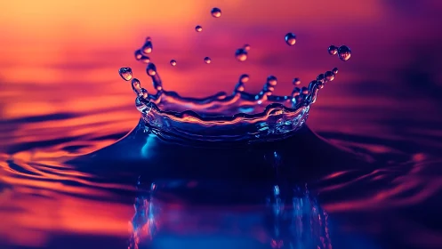 Water droplet crown splash in vivid orange and blue light.