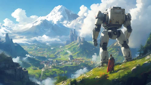 Giant combat mech and lone figure overlook green valley.
