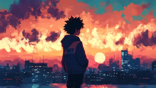 Quiet sunset watcher overlooking a glowing city skyline.