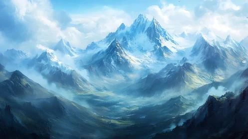 Sunlit snowy peaks rising over a dreamy mountain valley.