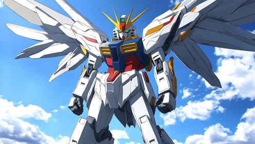 Winged mecha warrior stands tall against radiant sky backdrop.