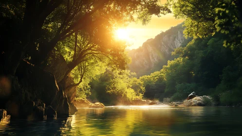 Golden river morning beneath quiet forest cliffs.