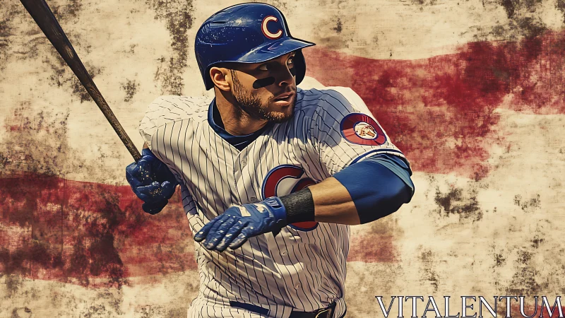 Baseball hitter in dynamic swing against grunge flag backdrop