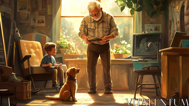 Golden-hour interior scene shows generational storytelling in studio
