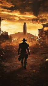 Lone armored wanderer in burnt orange post apoc cityscape.