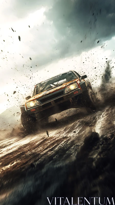 Rally car powers through muddy track under stormy clouds