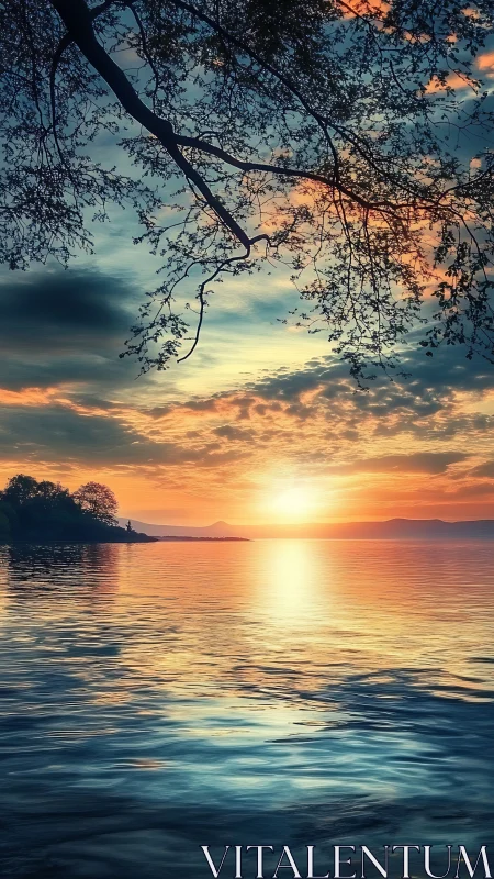 Lake horizon hush beneath tangerine and teal sunset glow.