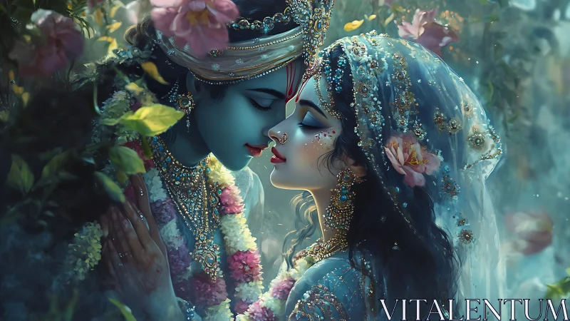 South Asian Wedding Figures with Ornamental Dress and Floral Setting