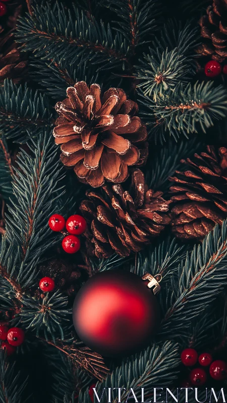 Macro study of red bauble, pinecones, and evergreen boughs