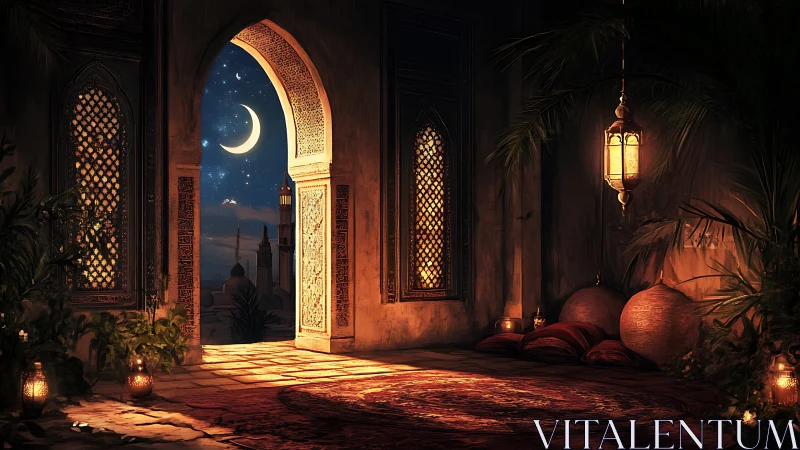 Moonlit courtyard doorway glowing with soft lantern light.