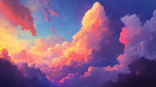 Digital sky study depicts luminous clouds against starfield