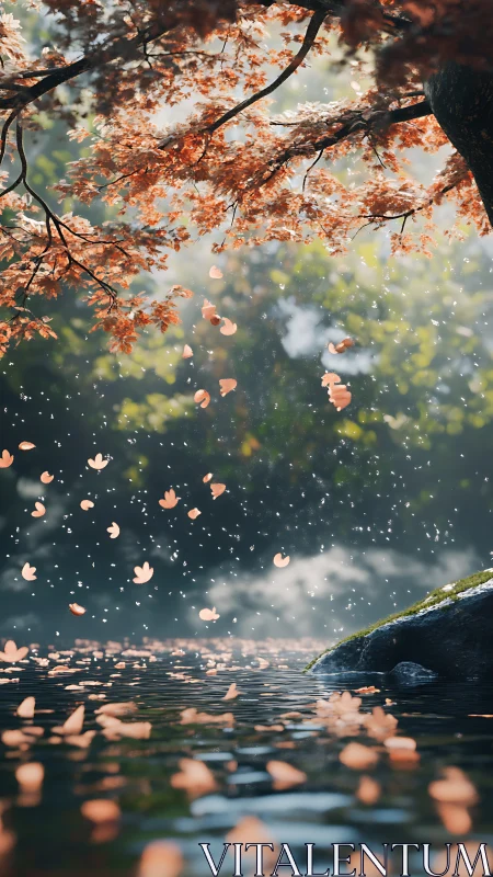 Gentle autumn leaves drifting slowly across quiet water.