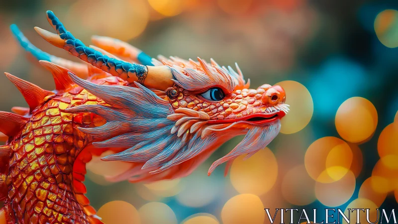 Vibrant dragon bust glows against dreamy festival bokeh