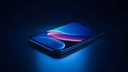 Modern smartphone on dark background with glowing blue neon light.