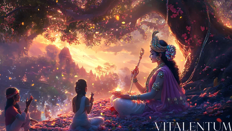 Divine twilight worship beneath a flowering sacred tree.