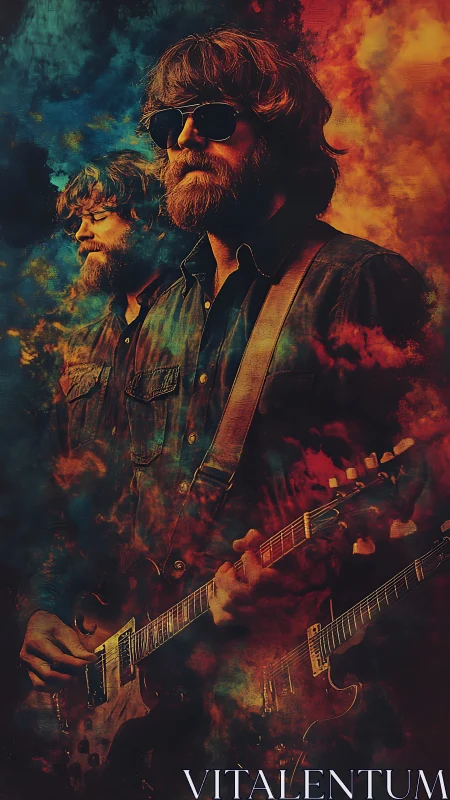 Dual bearded guitarist portrait in nebula-like bicolor haze