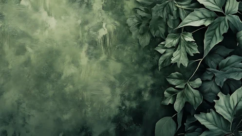 Layered foliage against textured green backdrop forms asymmetrical layout